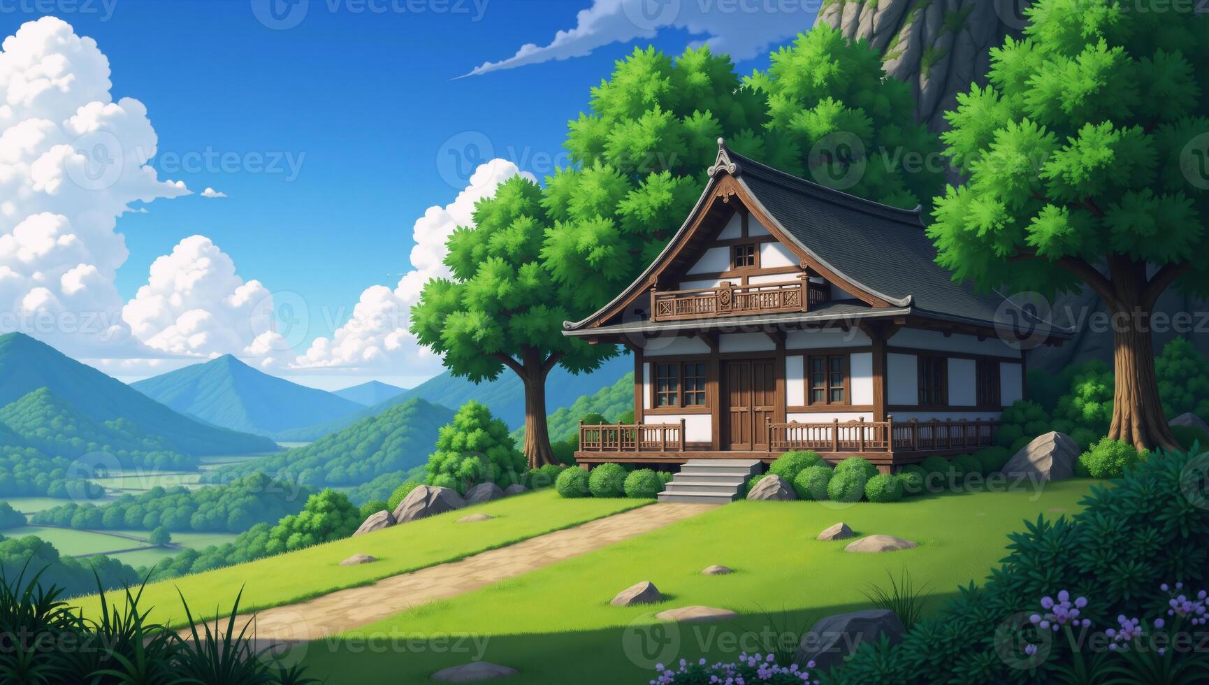 Wooden abode set amidst tranquil Japanese anime landscape with lush greenery and clear blue skies photo