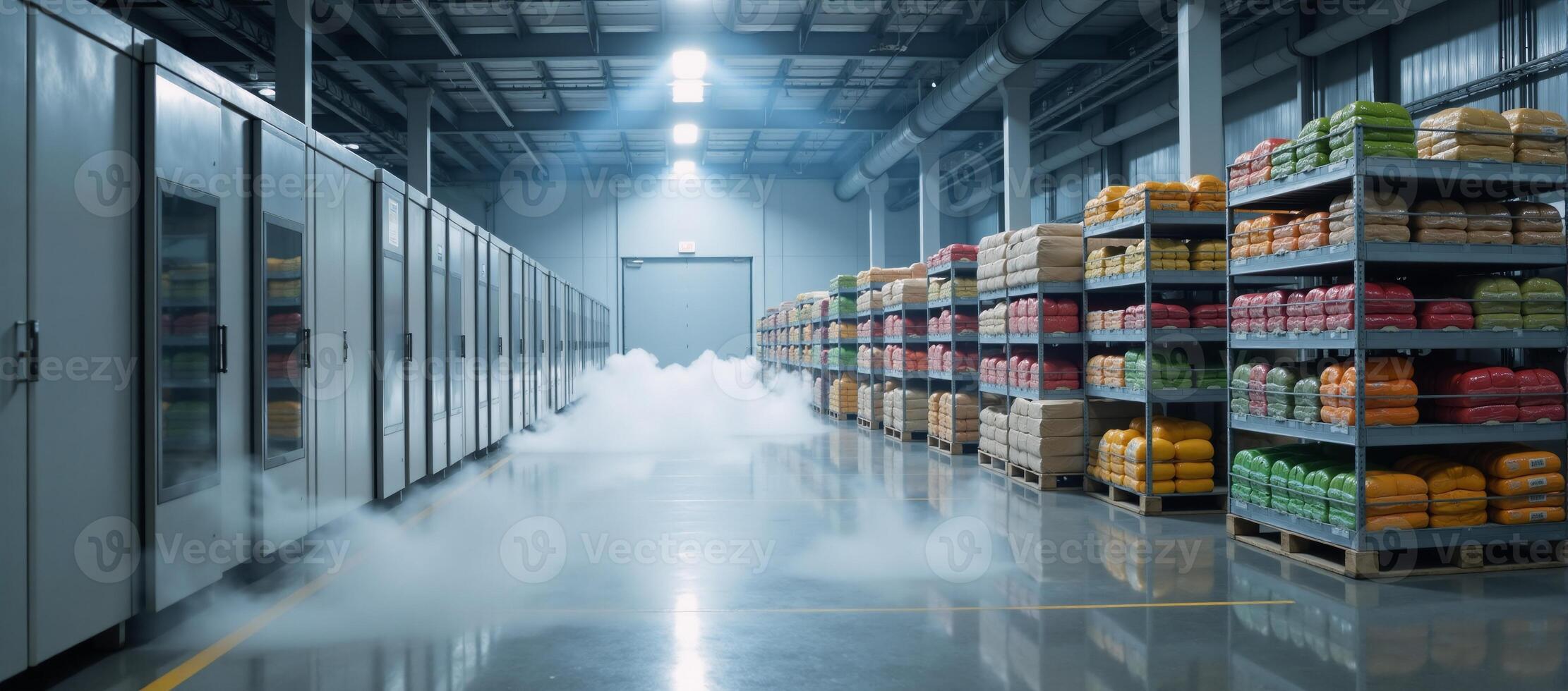 Cold storage area featuring mist and fog for visualizing temperatureregulated supply chains photo