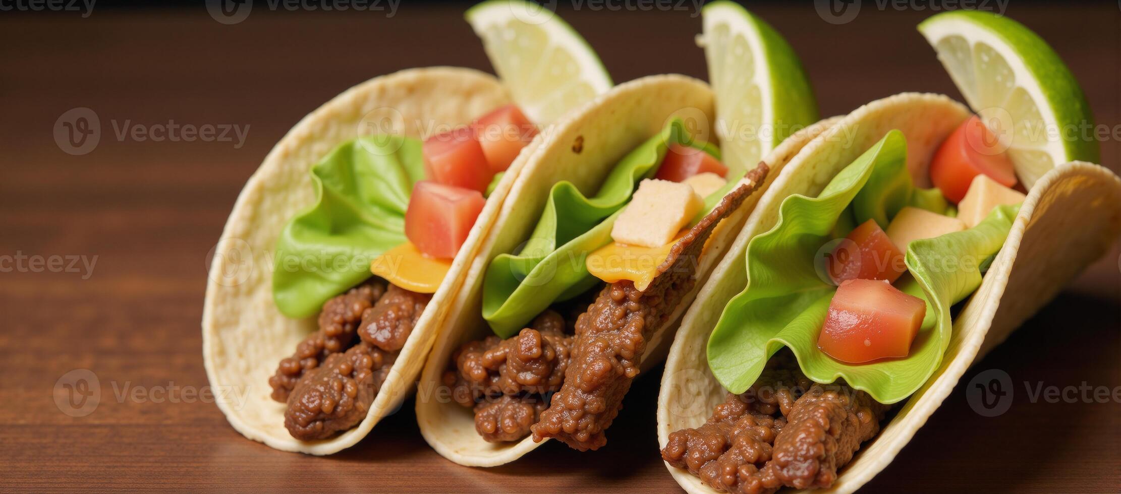 Tacos served with seasoned meat lettuce cheese and tomato topped with lime photo