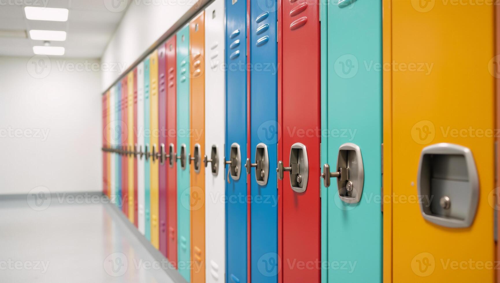 Colorful school lockers lined up in a hallway setting photo