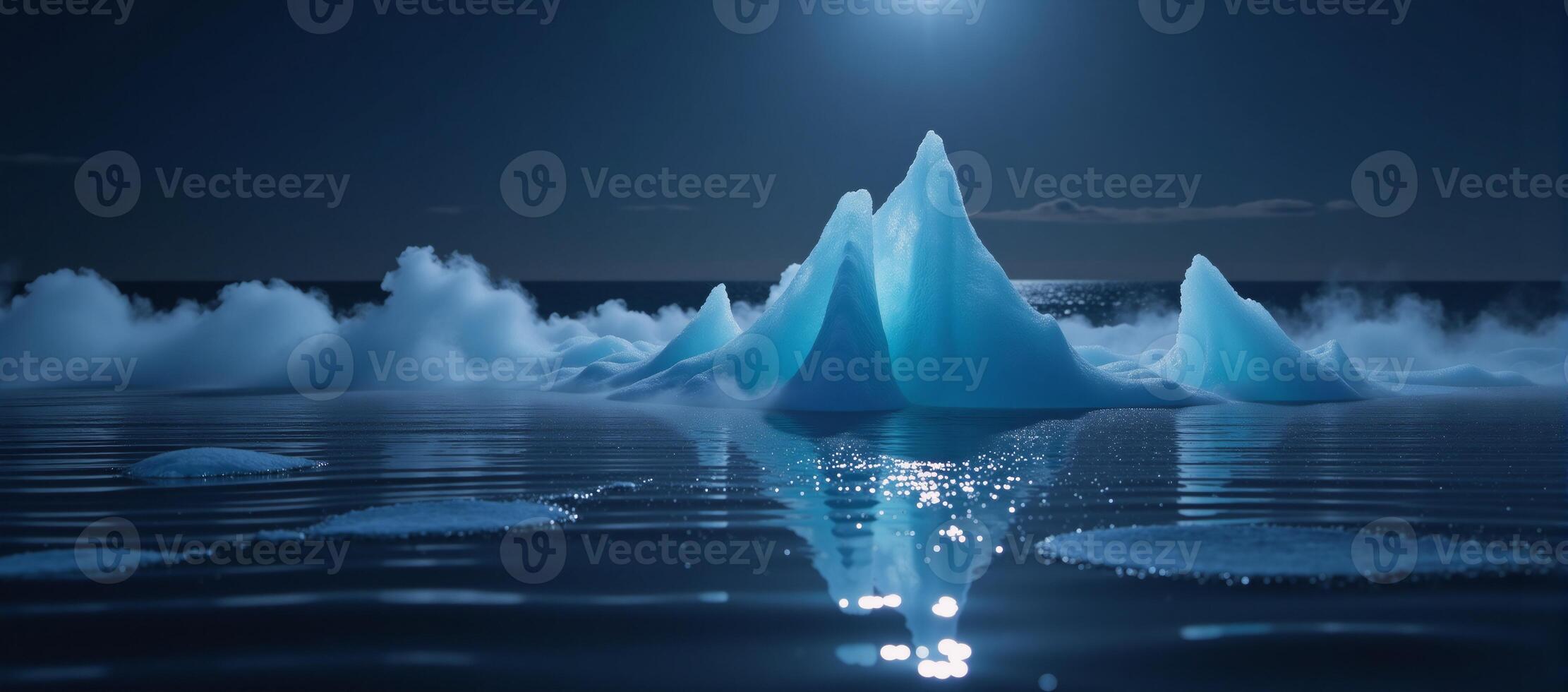 A nighttime 3D illustration showcases a fantastical dark landscape with a starry sky reflecting on an icy surface amidst swirling fog and a distant glimmer of the horizon photo