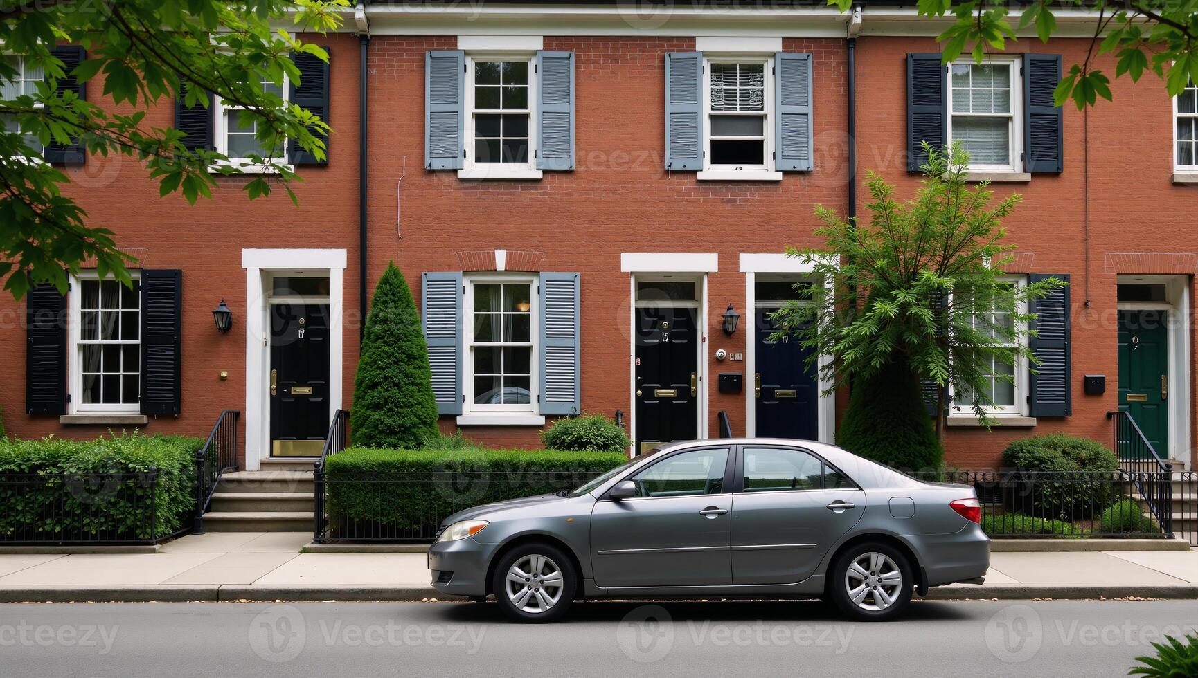 Row of homes featuring a parked vehicle on the street photo