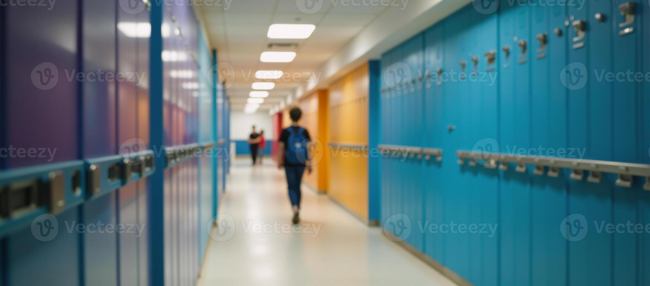 A modern school building interior setting featuring a student walking down a hallway past blurred lockers during backtoschool season photo