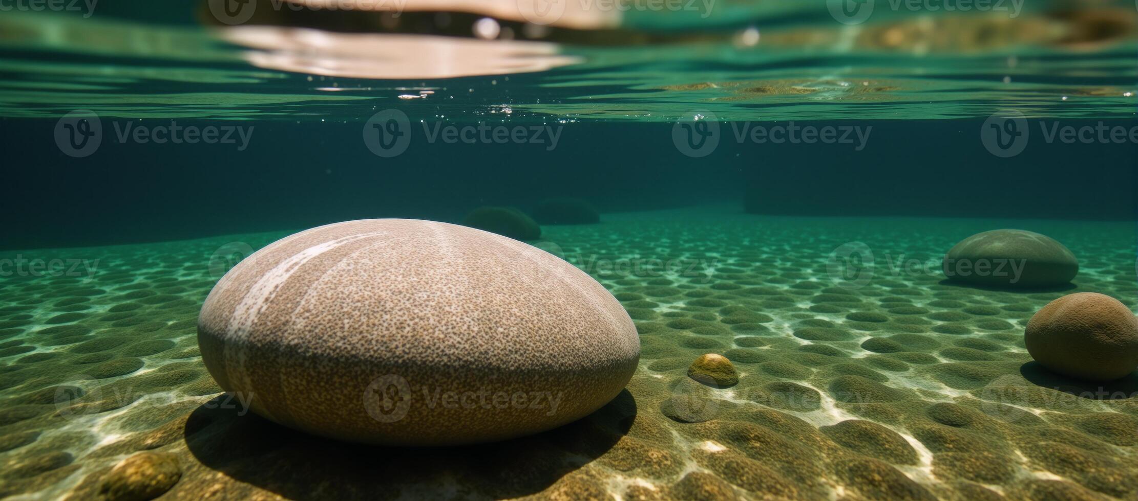 Underwater rocks resting on crystalclear riverbed photo