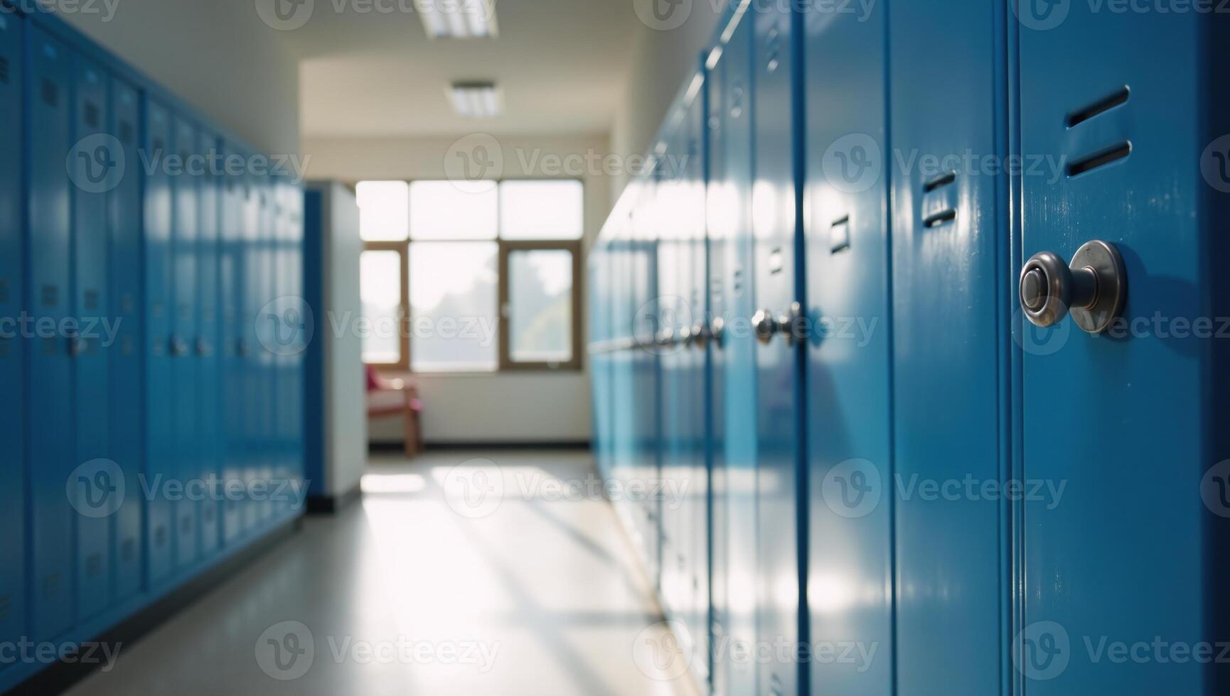Sunlit school hall with organized blue lockers portraying calmness and organization in an academic setting Clean Serene Style photo