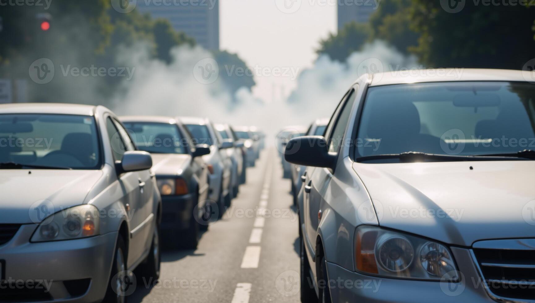Cars stuck in gridlock emit smoky exhaust fumes amidst urban pollution concerns photo