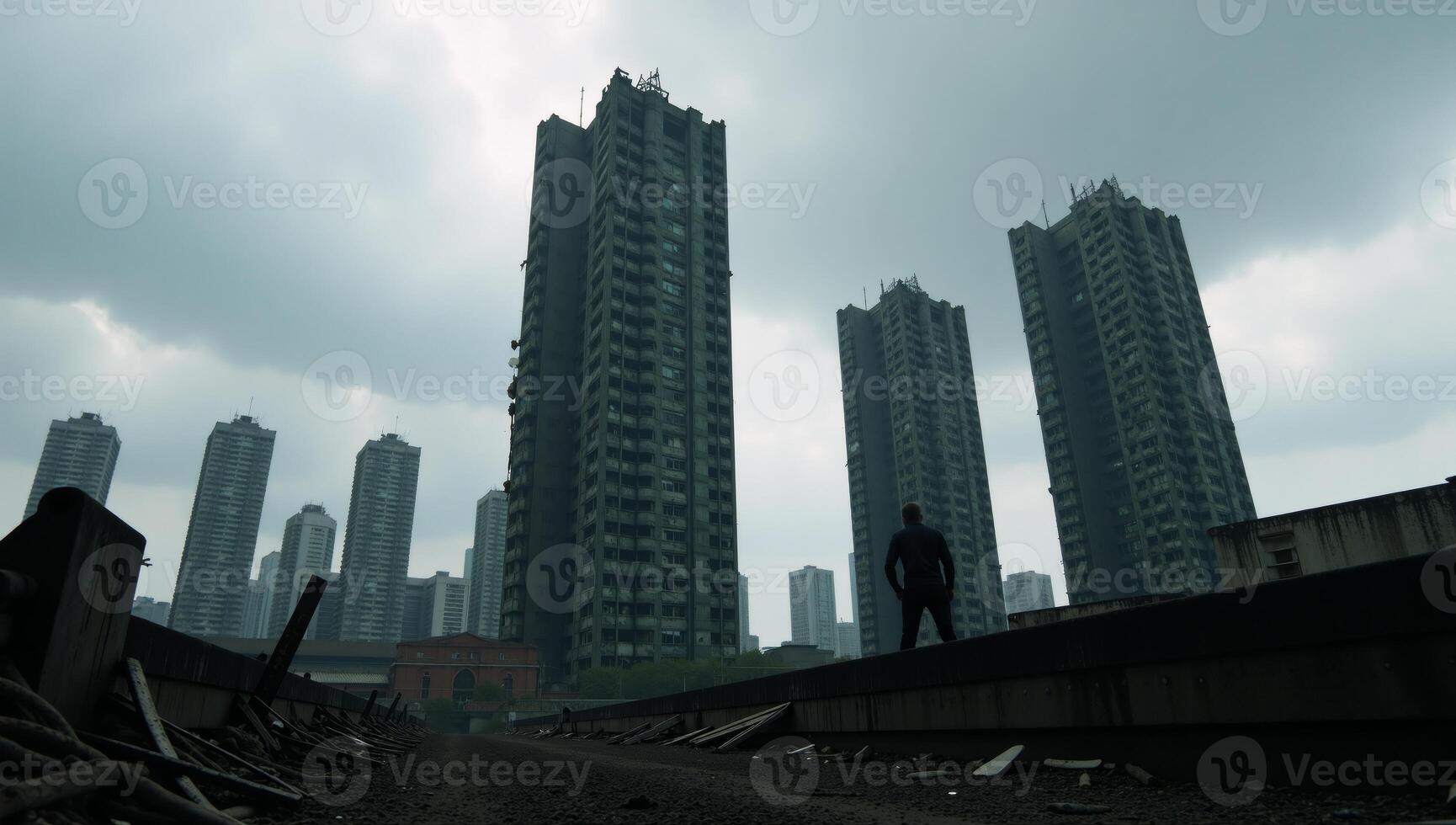 Closeup view of futuristic towers collapsing in an abandoned dark urban skyline emphasizing the double exposure silhouette and signs of abandonment photo