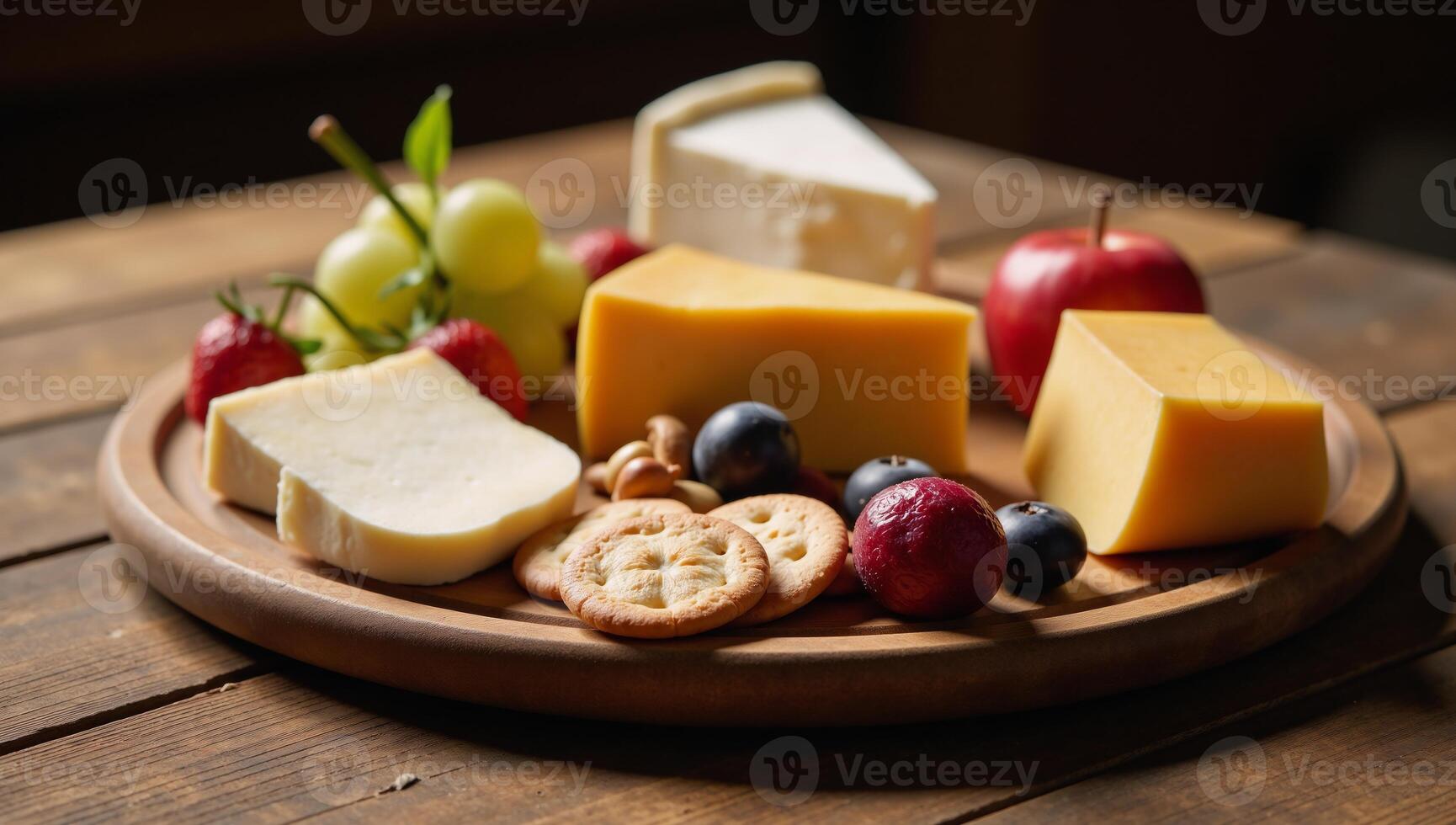 Rustic wood table displays vibrant artisanal cheese platter under soft natural light Gastronomic Indulgence photo