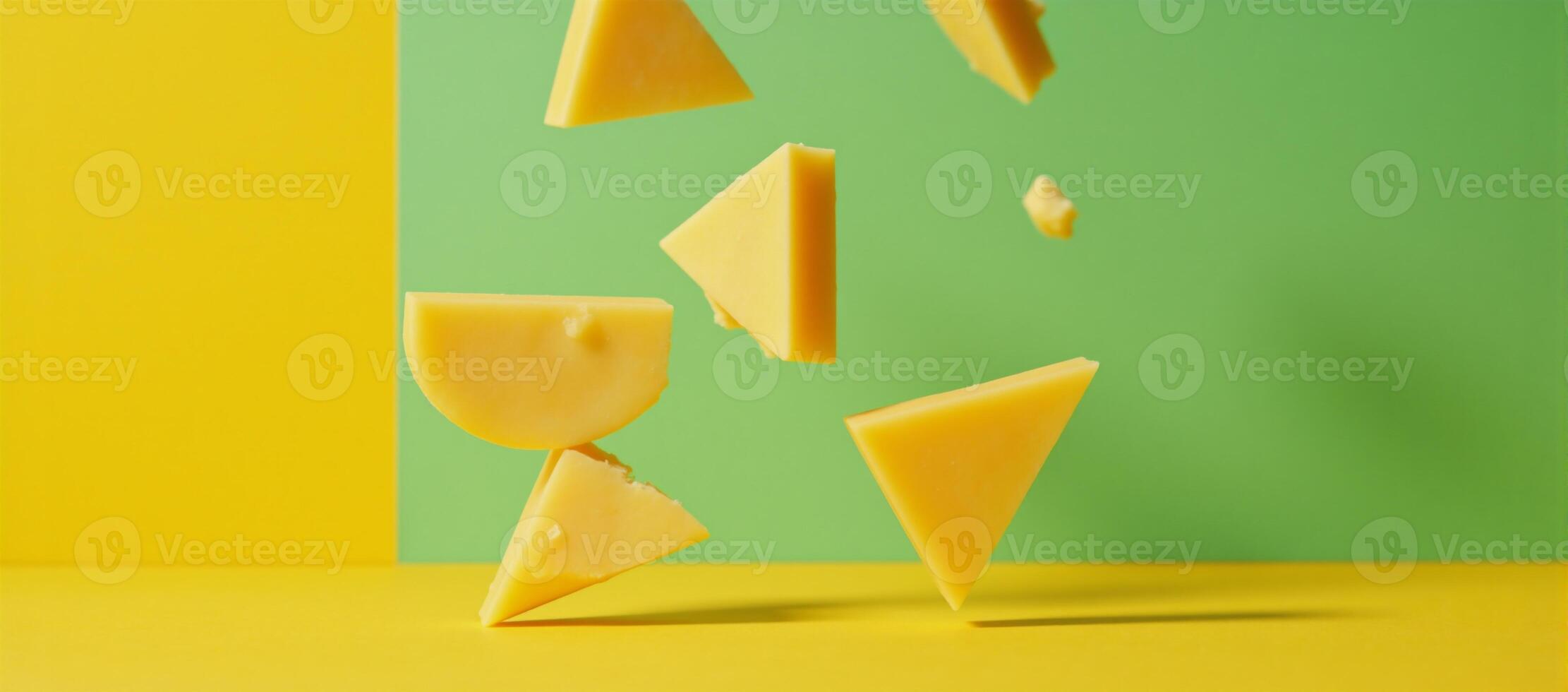 A digital illustration showcases triangles of floating cheese against a bright yellow backdrop photo