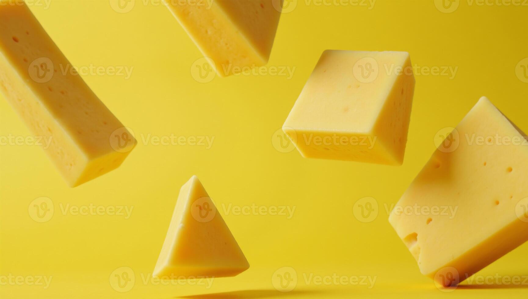 A digital illustration showcases triangles of floating cheese against a bright yellow backdrop photo