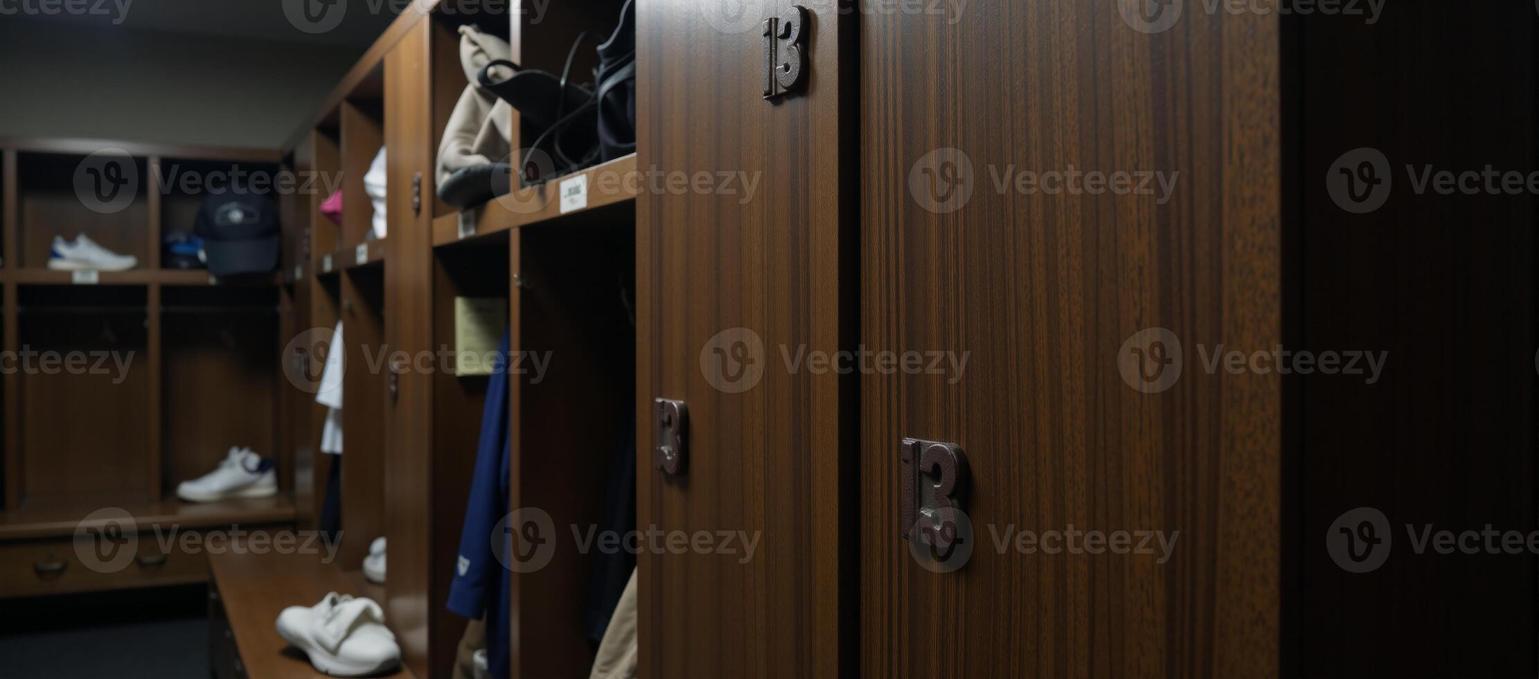 In a locker room setting wooden cabinet 13 stands out amidst the athletic surroundings photo