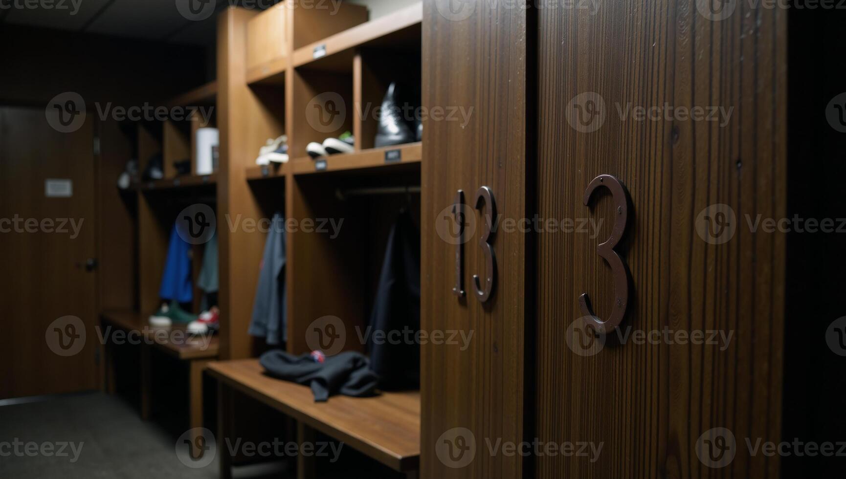 In a locker room setting wooden cabinet 13 stands out amidst the athletic surroundings photo