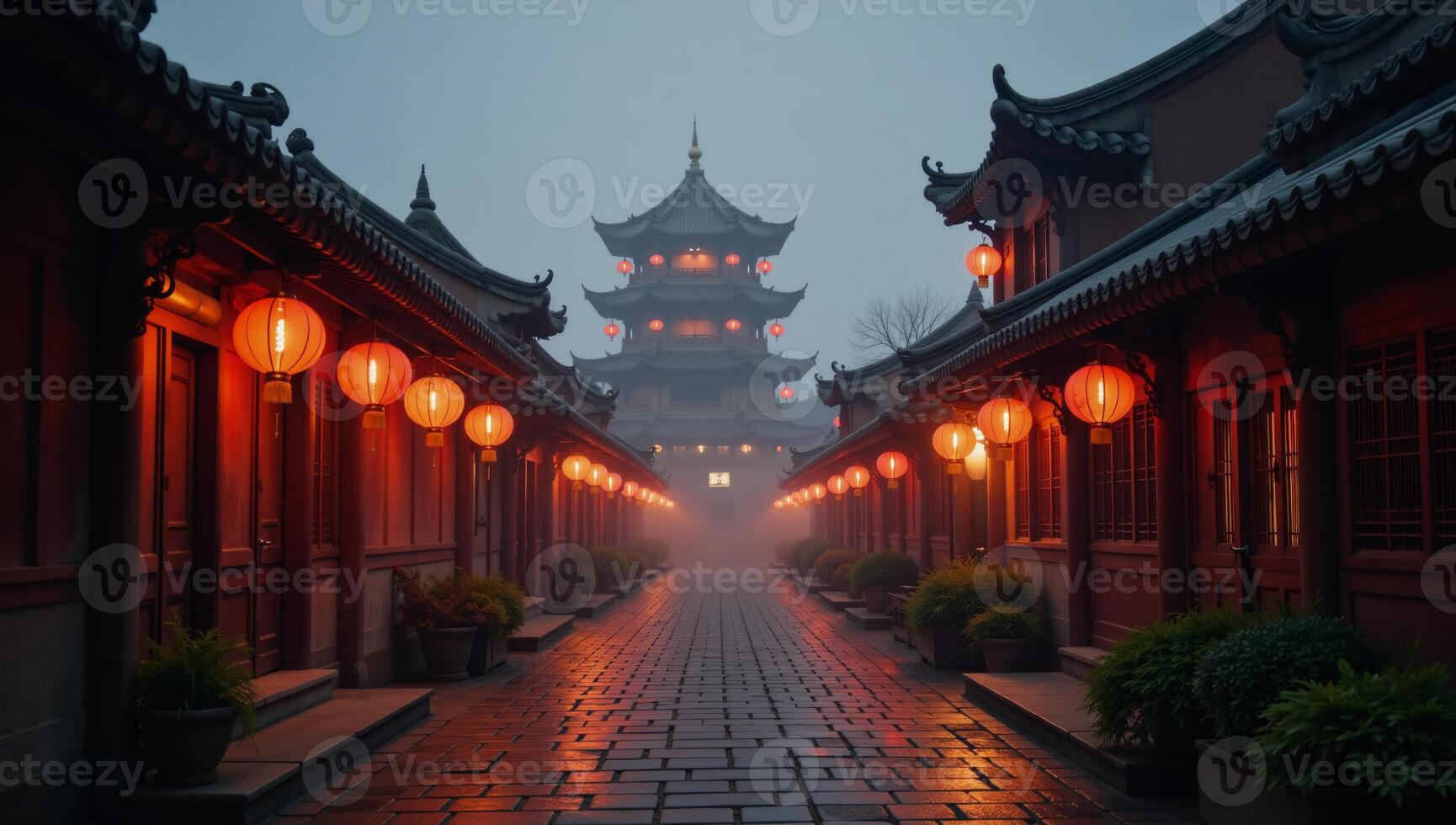 An ancient Chinese city bathed in the glow of red lanterns amidst a mystical foggy twilight photo