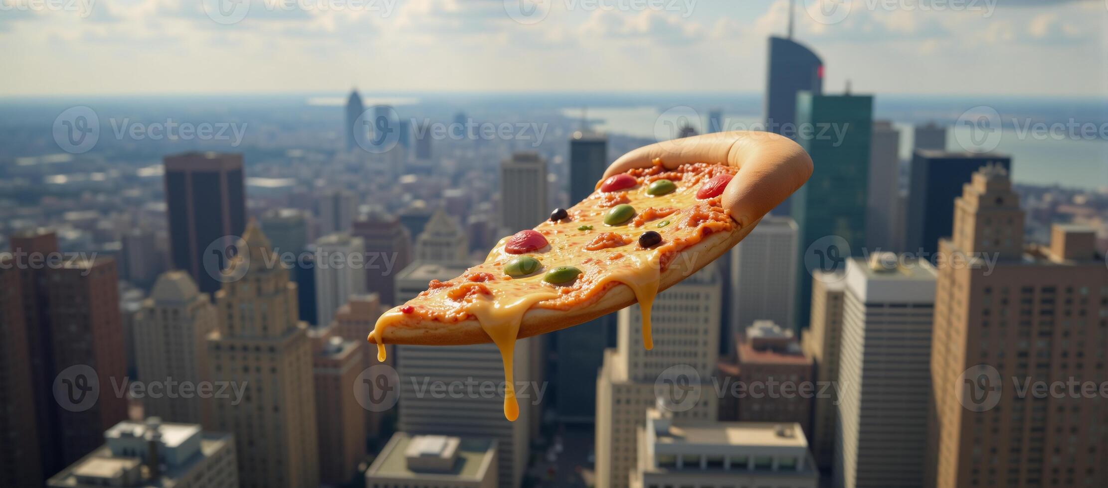 A playful rendering showcases a flying pizza amidst a lively city backdrop photo