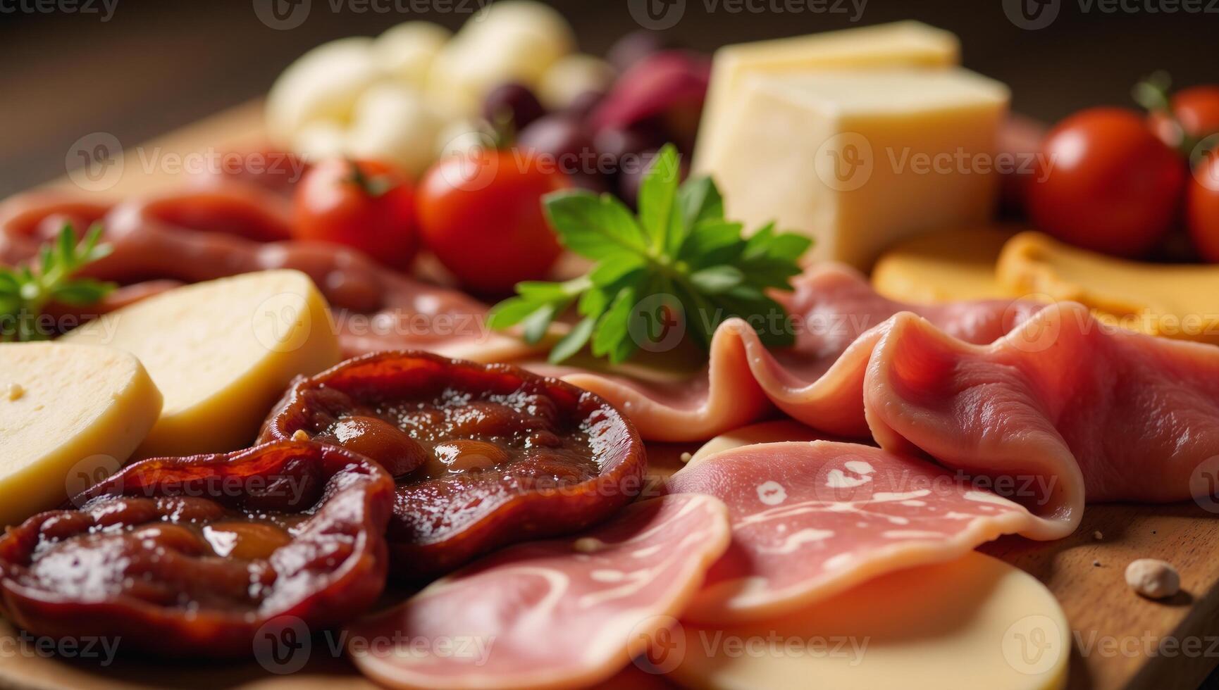 A vibrant gourmet charcuterie board featuring an array of diverse meats cheeses and garnishes photo