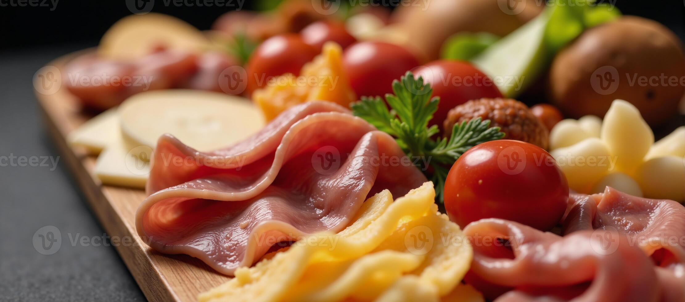A vibrant gourmet charcuterie board featuring an array of diverse meats cheeses and garnishes photo