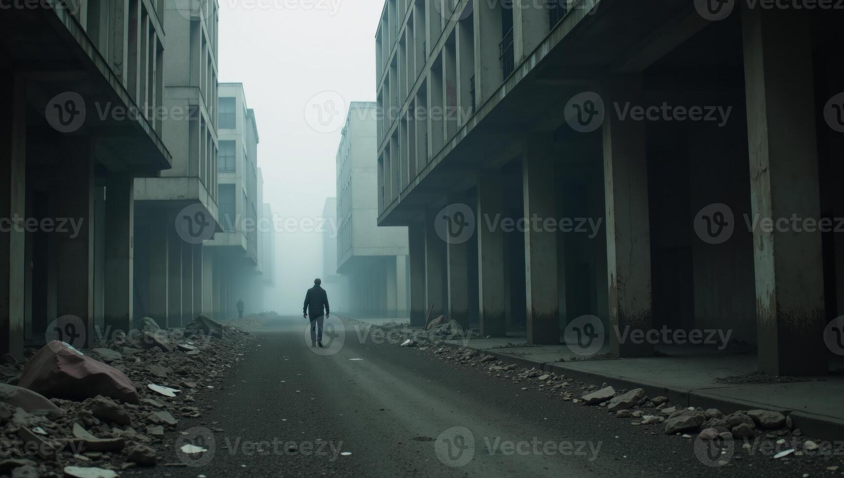 Deserted city engulfed by eerie silence misty fog conceals zombies on the move photo