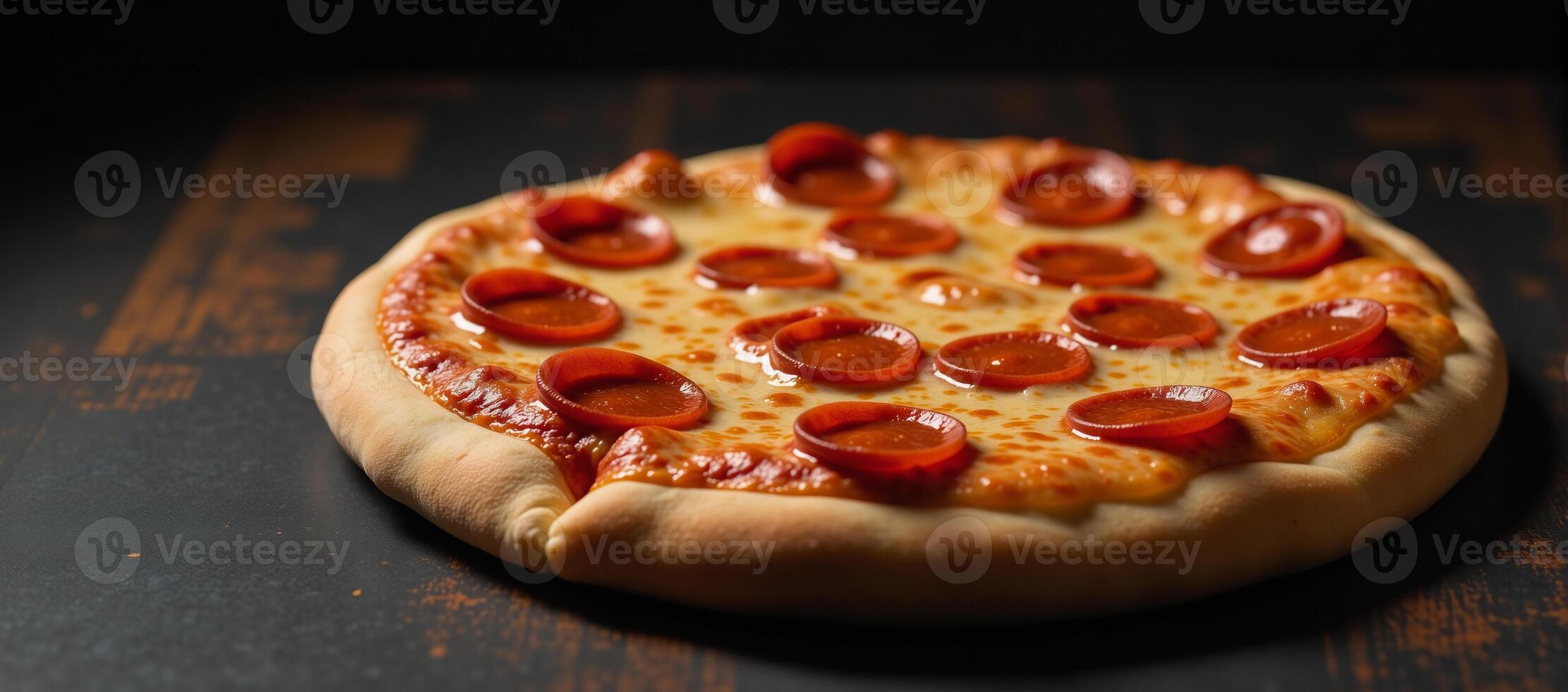 A digitally crafted image showcases a slice of pepperoni pizza with gooey cheese on a darktextured background photo