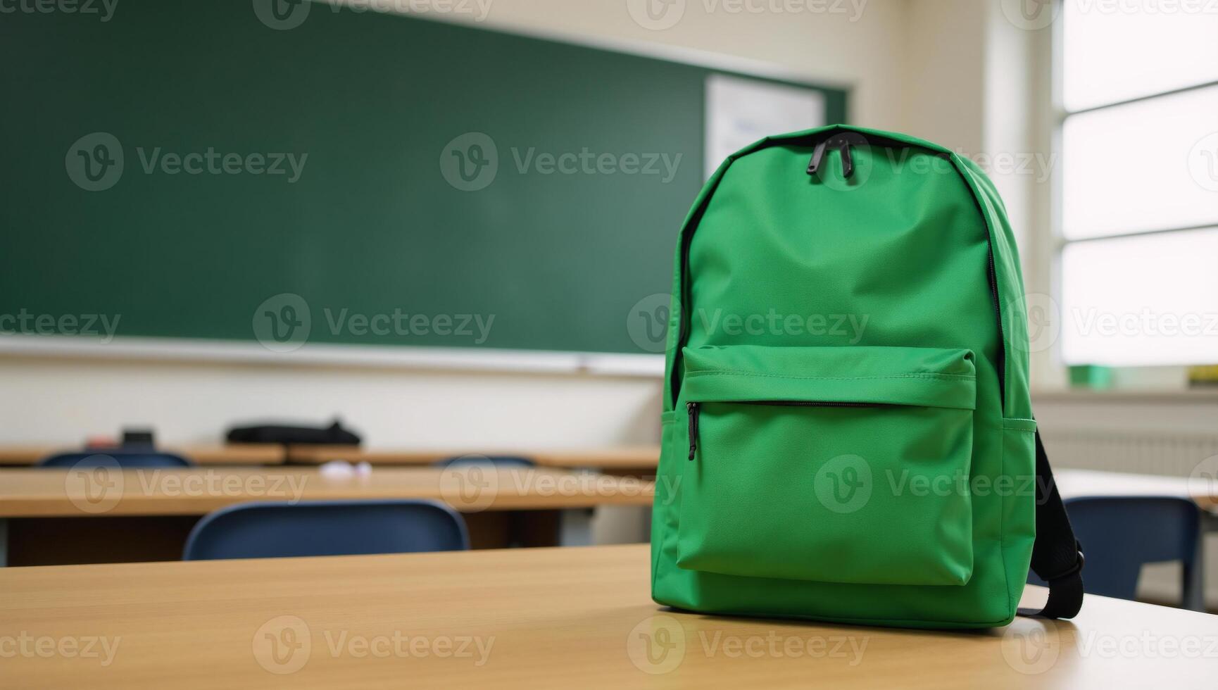 A green backpack signifies readiness and a fresh start against a blurry classroom backdrop BacktoSchool photo