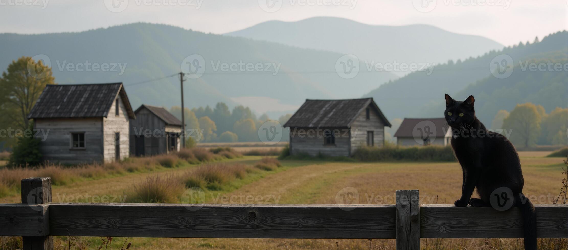 A hauntingly peaceful illustration features a black cat perched atop a rustic fence in an abandoned countryside village shrouded by early morning fog photo