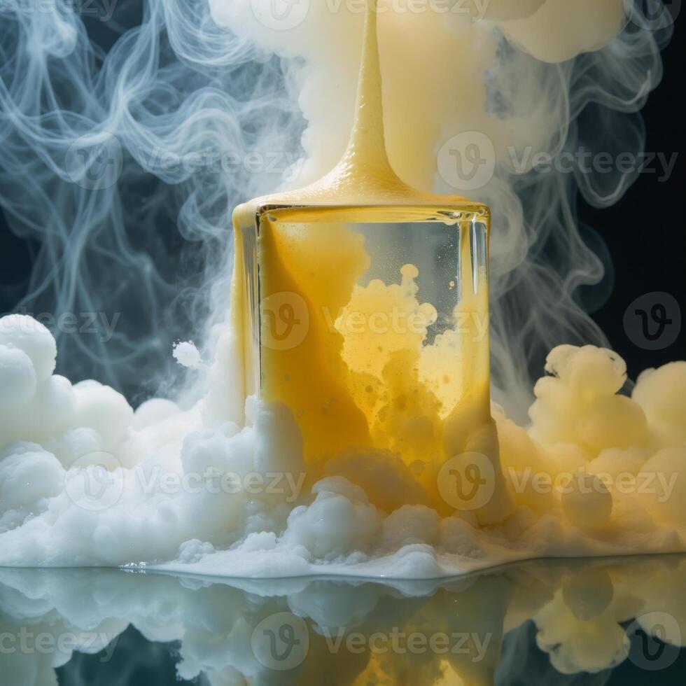 In an abstract art style a blurred mist cloud paints the flow of water over a glossy cube creating a mysterious scene with swirling whiteyellow fumes and splashes against a geometric backdrop photo