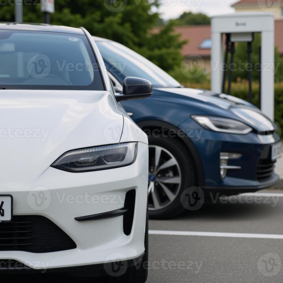 Electric cars charging at a charging station illustrated through advanced technological means photo