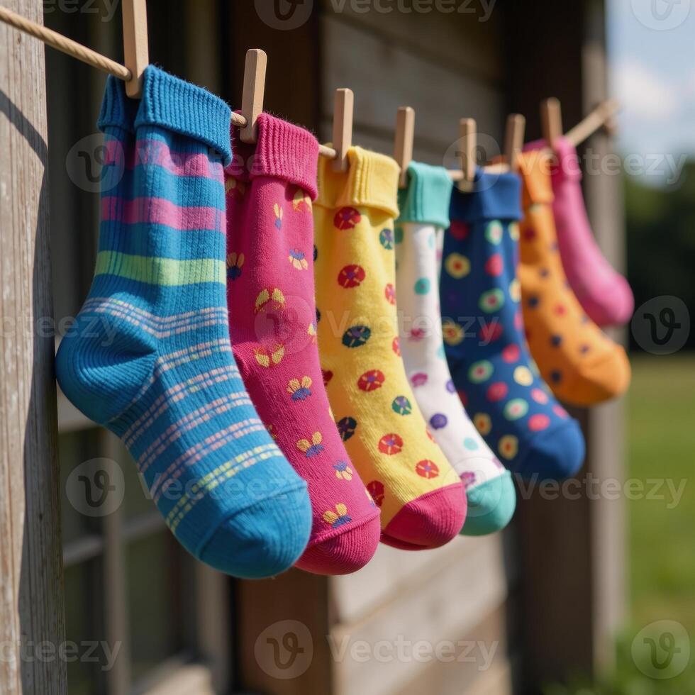 Childrens colorful socks with patterns hanging to dry on a line photo