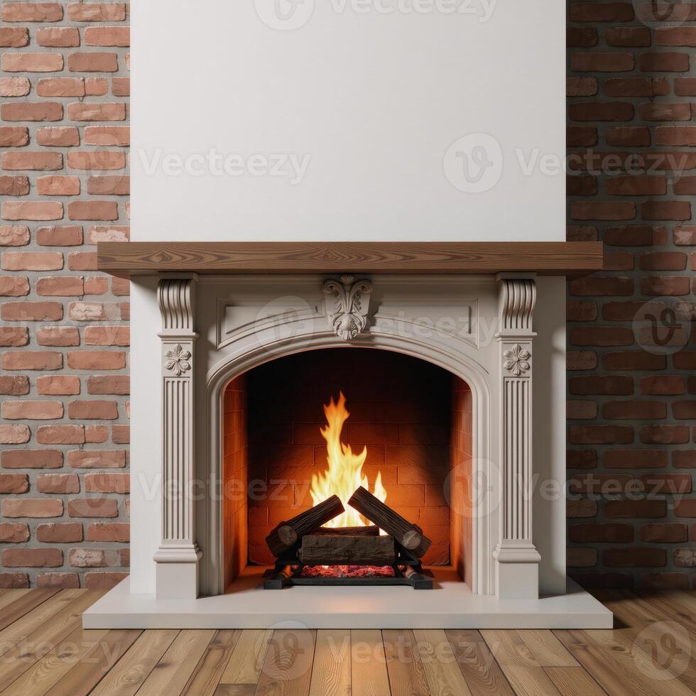 A 3Drendered scene featuring a large traditional fireplace with a roaring fire and an empty mantelpiece with a mockup shelf photo