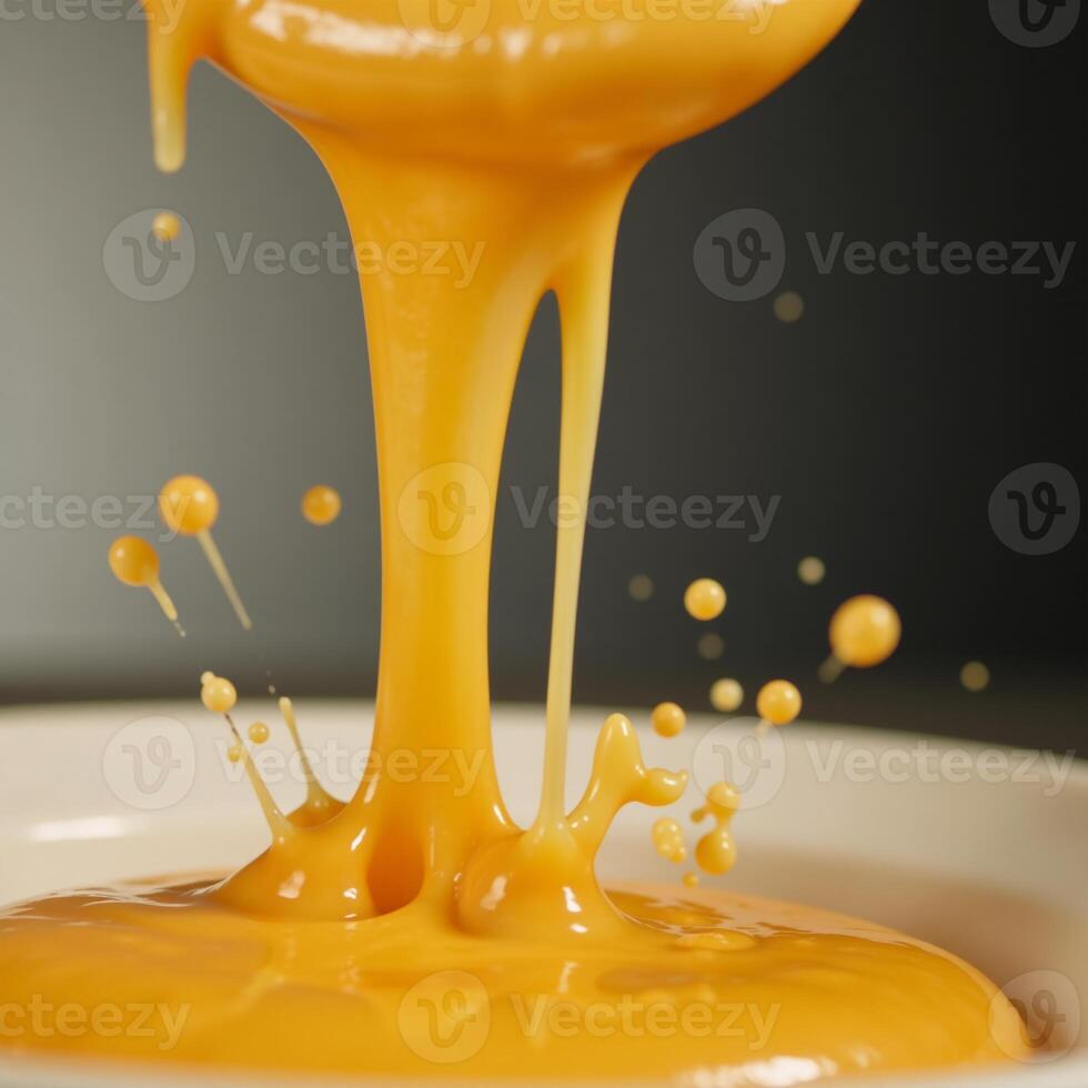 Cheddar cheese sauce splashes midair while drizzling downwards photo