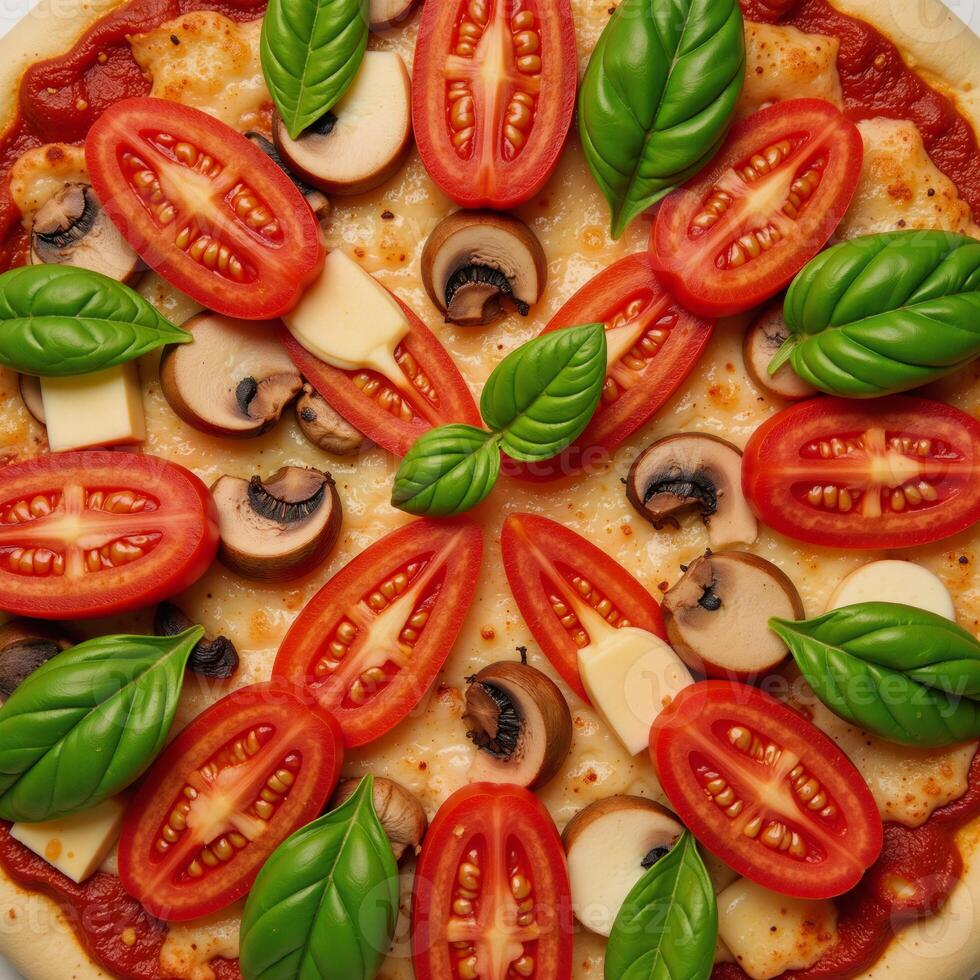 A seamless design showcasing overlapping pizza toppings tomato slices mushrooms basil photo