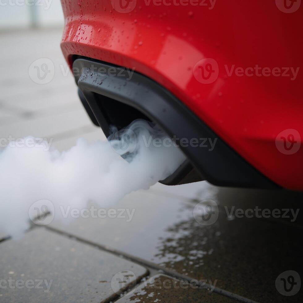 Detailed closeup shot of red car exhaust pipe emitting smoke after rain shower photo