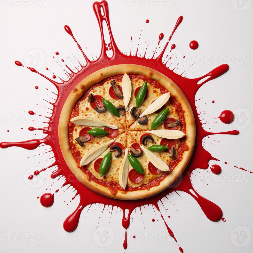 Explosion of fresh pizza with multiple toppings pepperoni mushrooms peppers against a minimalistic red background in splatter paint style photo