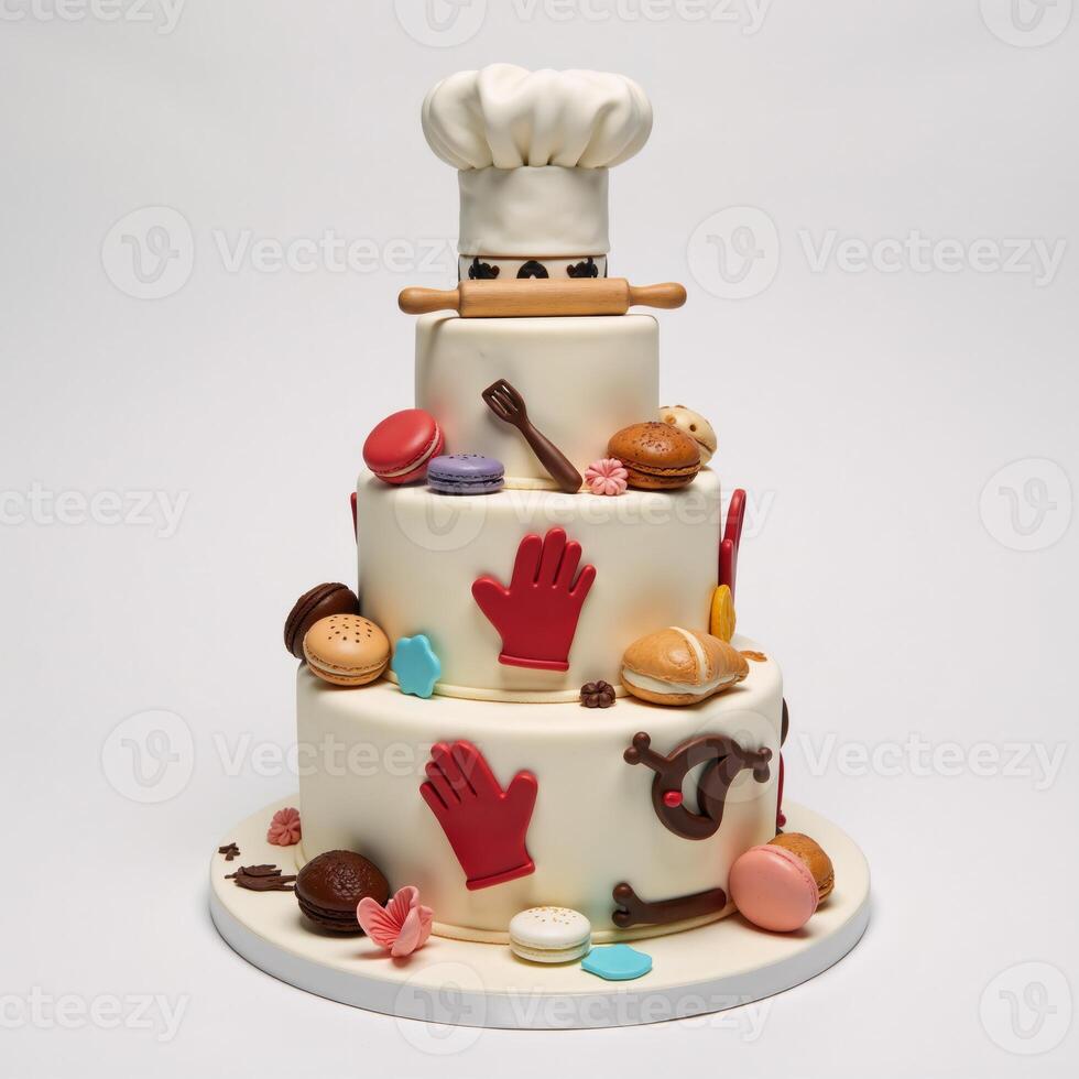 Chef themed birthday cake featuring intricate details and designs reminiscent of culinary tools and ingredients photo