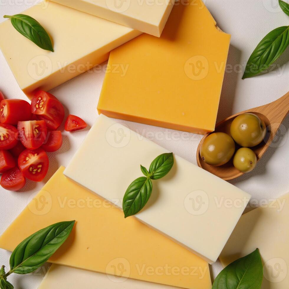 A selection of assorted cheeses vegetables and herbs on a colorful print background Cheese Dairy photo