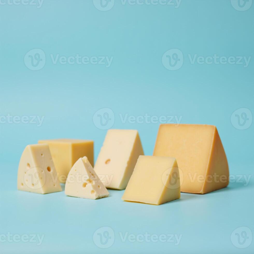 Cheese cubed on a blue surface against a matching backdrop photo