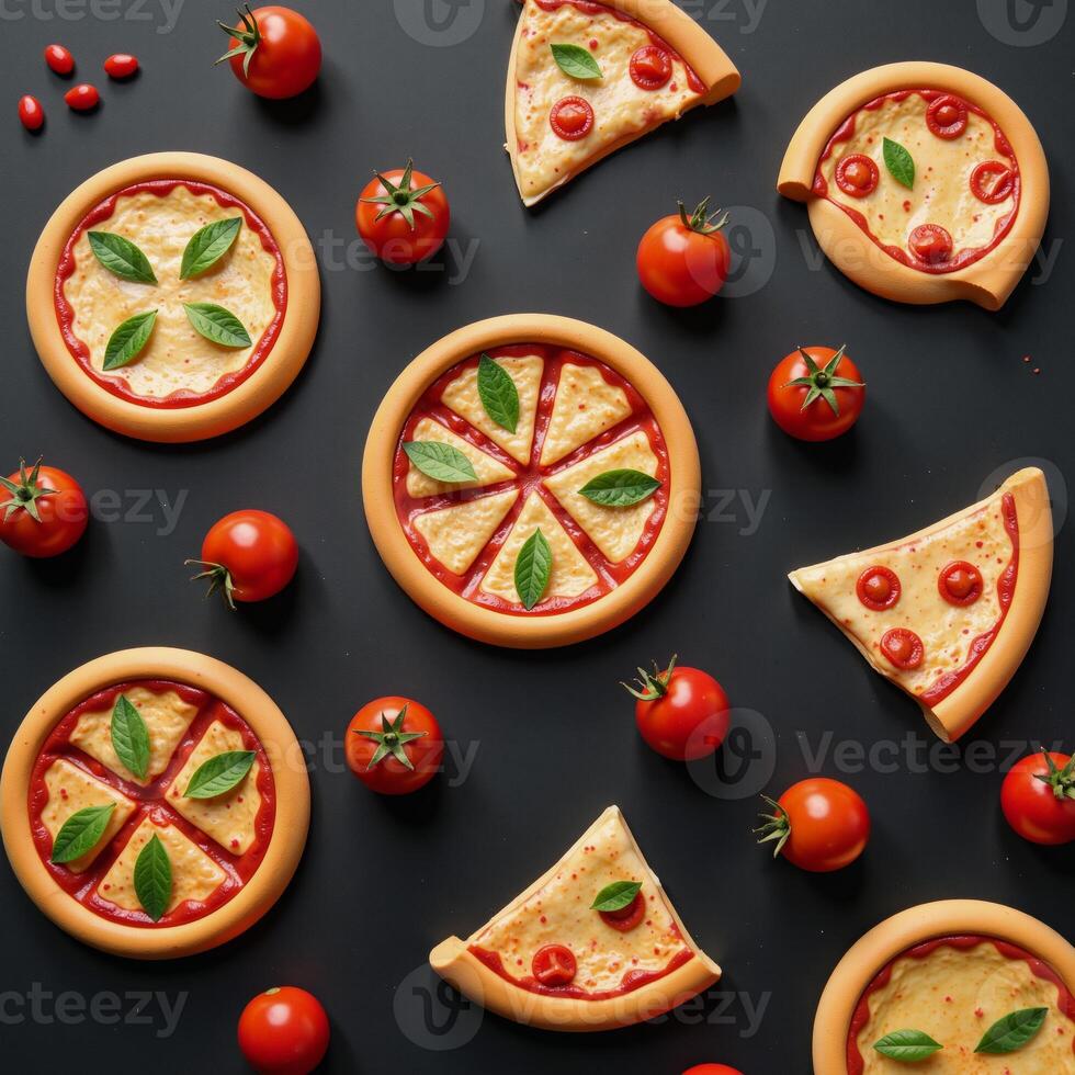 Cartoony depiction with pizza slices full pizzas and tomatoes on a grayscale backdrop photo