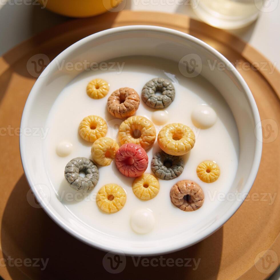 Breakfast scene featuring cereal and milk splashes on foodfocused backdrop photo