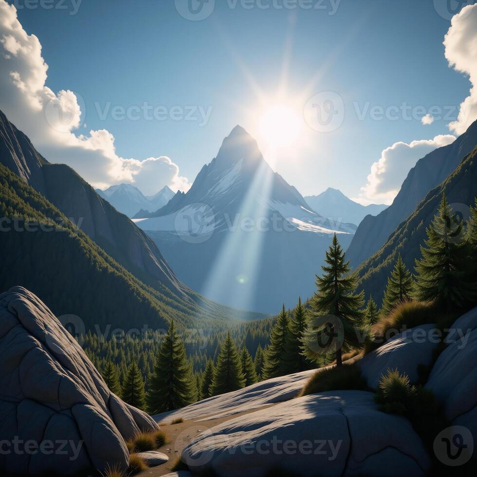 A 3D rendered painting showcases a mountain range with trees clouds and a sunbeam photo