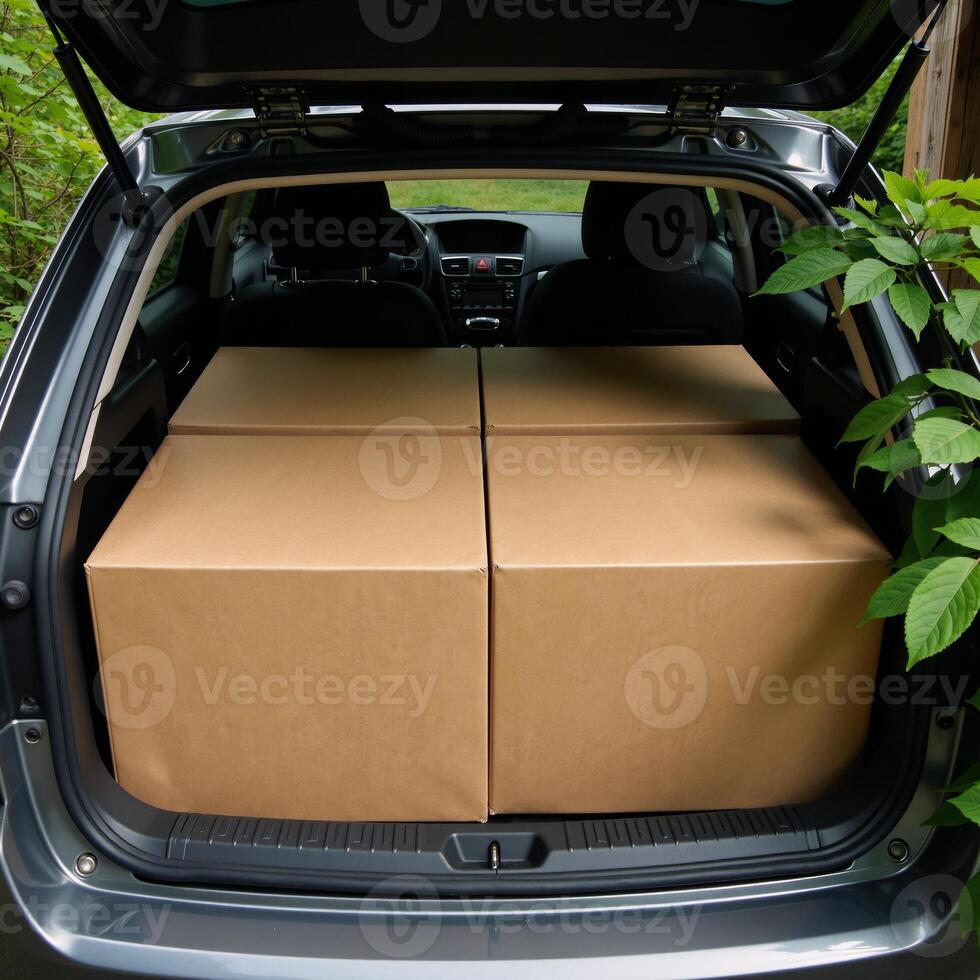 Packed car trunk filled with cardboard boxes amidst nature photo