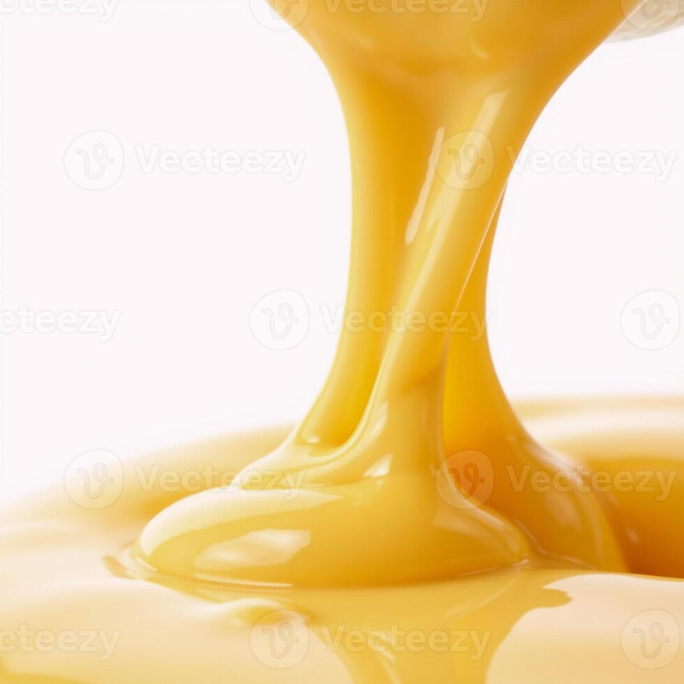 Melted cheese sauce spills onto a pristine white backdrop photo