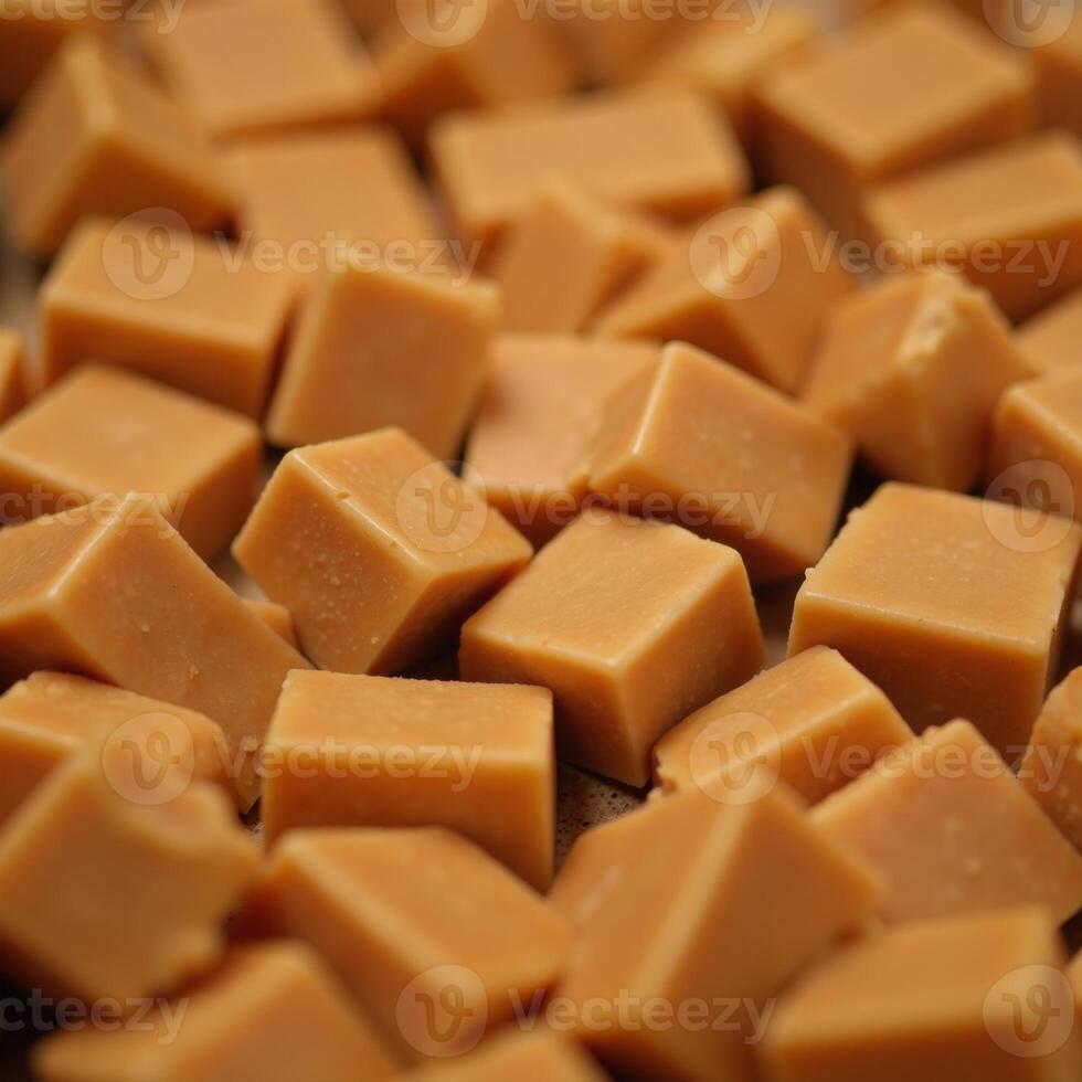Closeup topdown view of irregularly shaped diced caramel chocolate pieces filling the frame photo