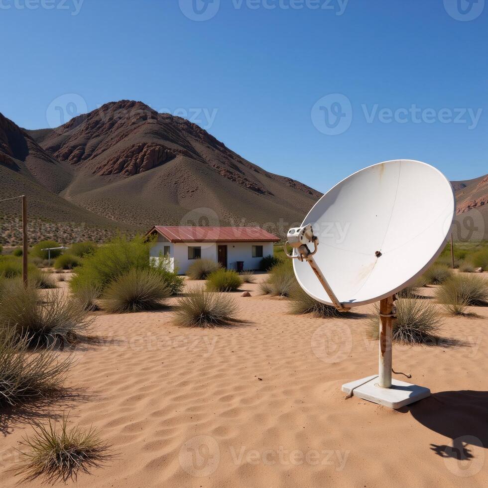 Satellite dish by desert home in barren setting photo