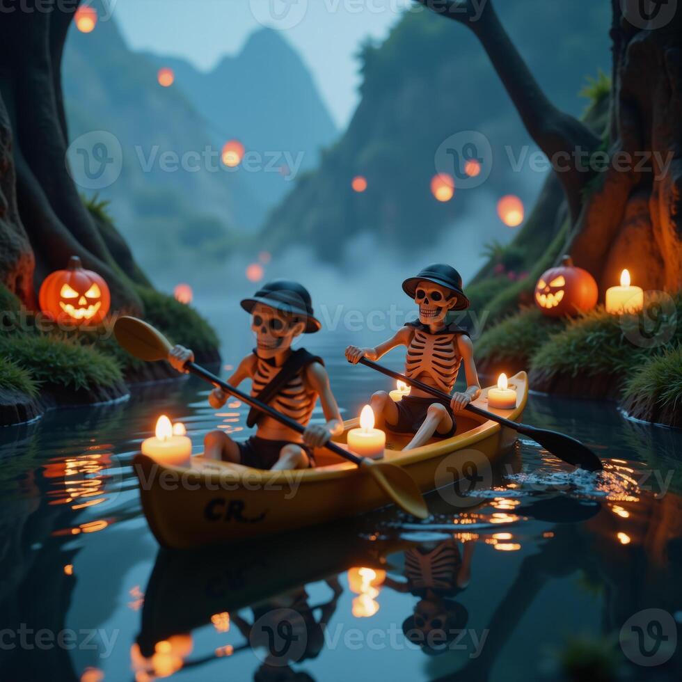 Two adventurous skeletons go kayaking under candlelight creating a fusion of whimsy and intrigue photo