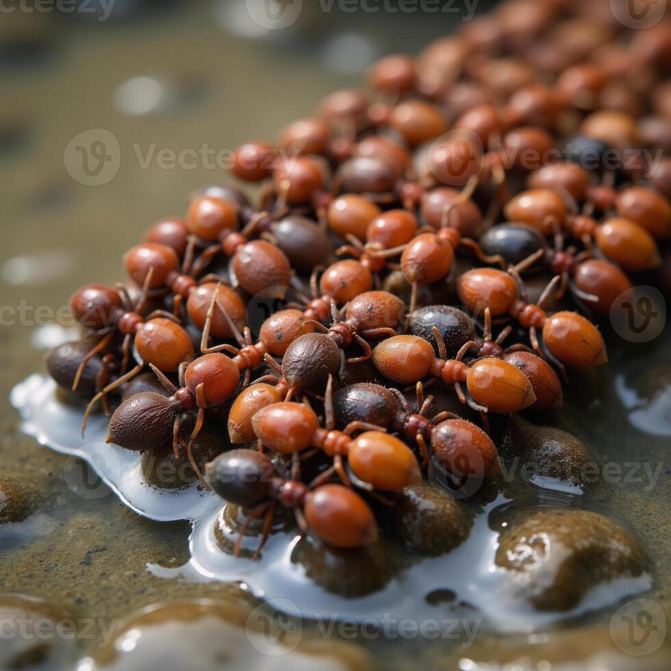 Fire ants construct a floating raft amidst floodwaters linked together intricately photo