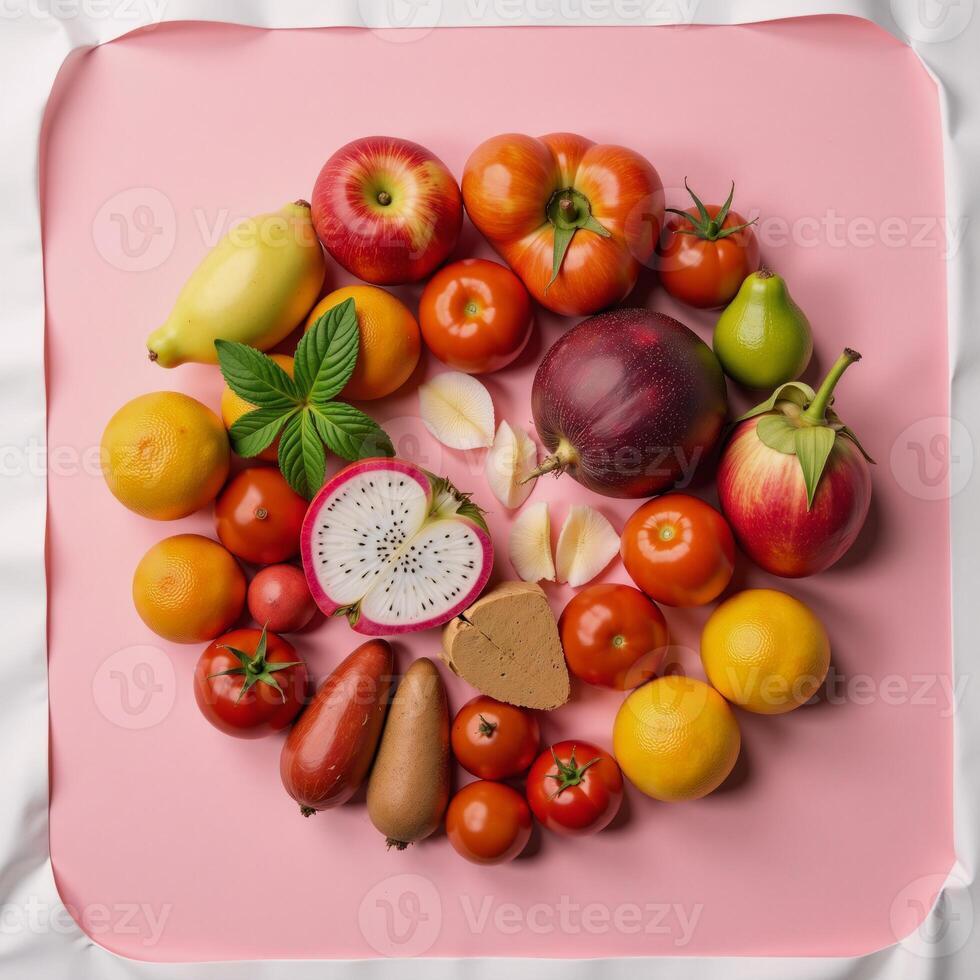 Arrangement of assorted produce in a circular pattern against a dualtone backdrop pink white photo