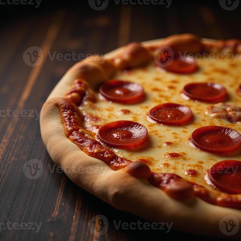 A digitally crafted image showcases a slice of pepperoni pizza with gooey cheese on a darktextured background photo