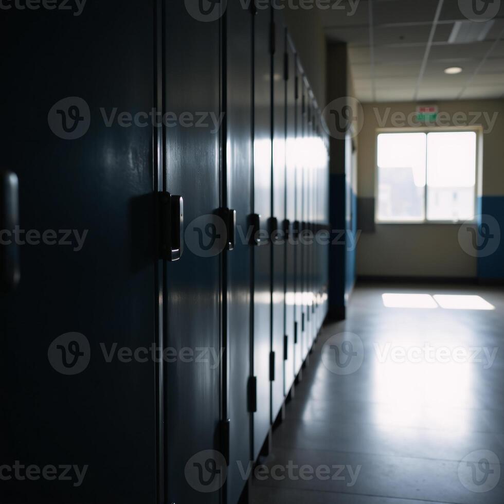 Dramaticlit row of lockers in an empty hall symbolizing both education and safety photo