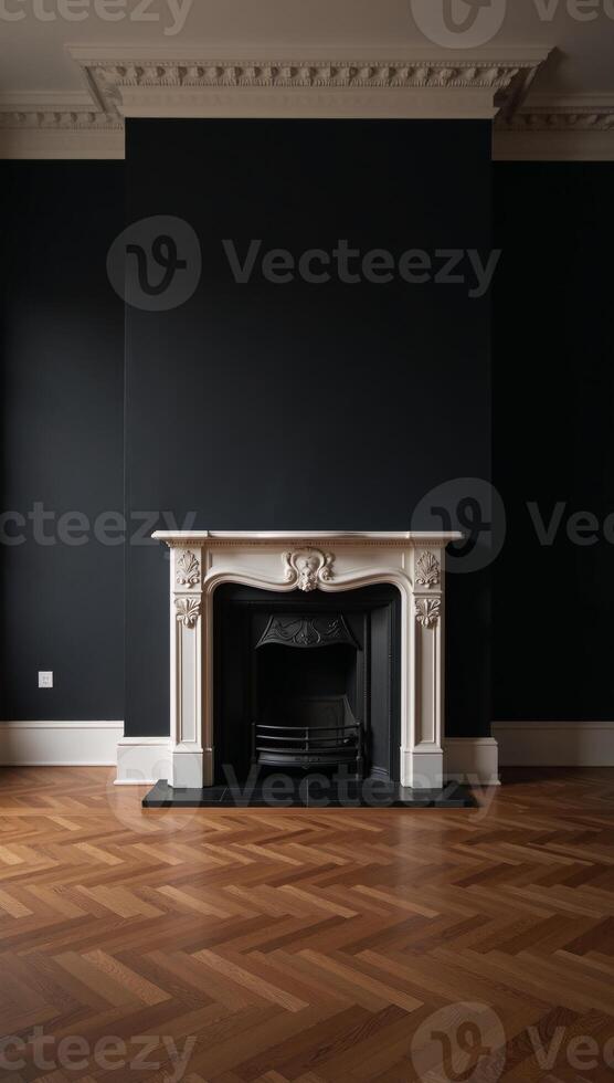 A minimalist depiction showcases an empty traditional interior room with a blackwalled fireplace photo