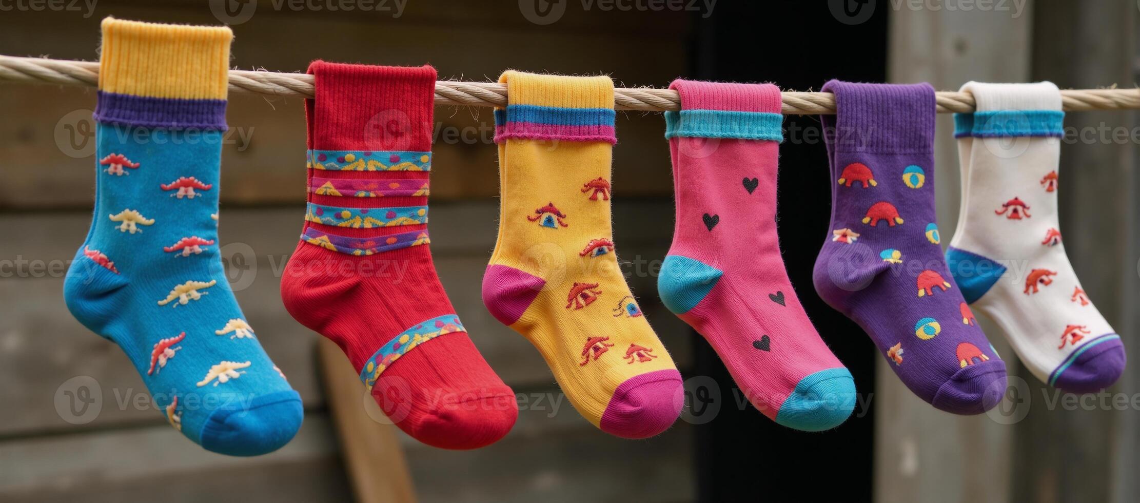 Childrens colorful socks with patterns hanging to dry on a line photo
