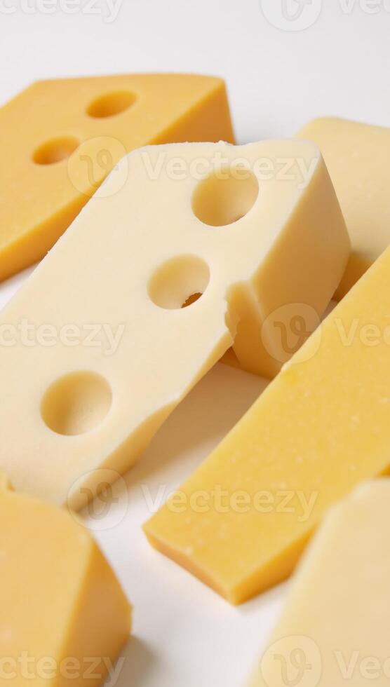 Closeup of multiple Swiss cheeses displayed on a white backdrop photo